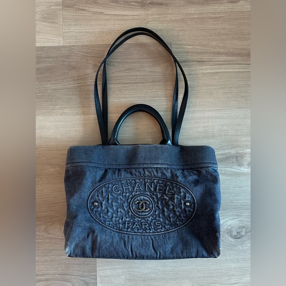 Chanel Paris Black Denim Tote With Handles Rare